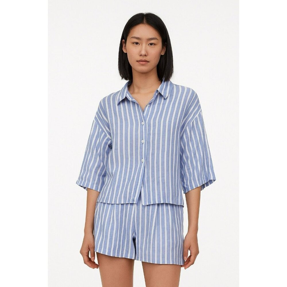 H & M Blue And White Striped Linen Short And Button Down Shirt Set Size Medium